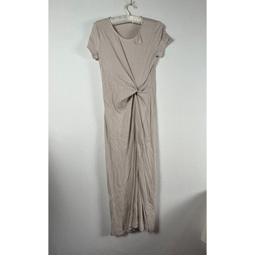 Elie Tahari Womens Dress Small Beige Twist Knot Ribbed Knit Short Sleeve Midi